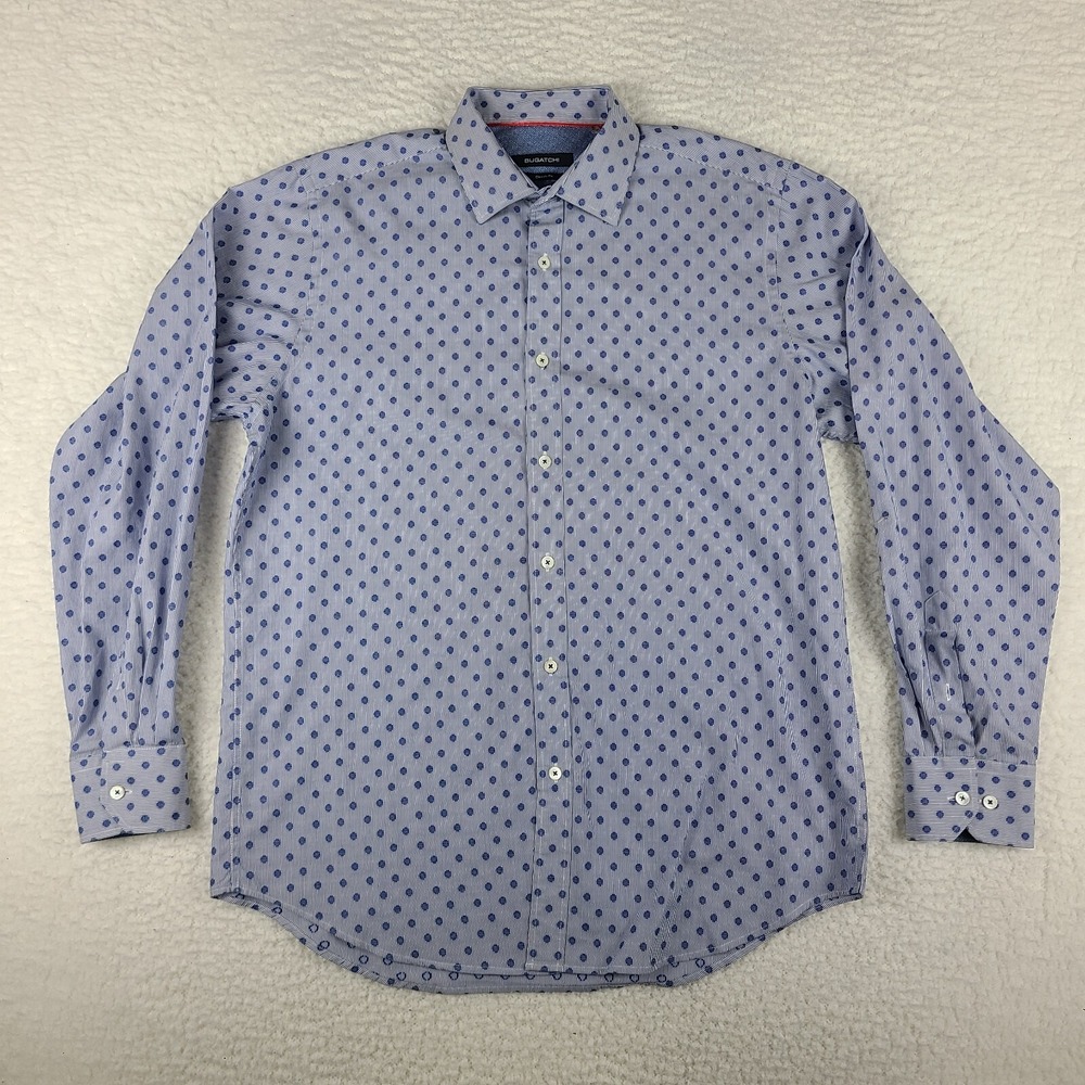 BUGATCHI Dress Shirt Mens‎ Medium Blue Geometric Classic Fit Cotton Button Up